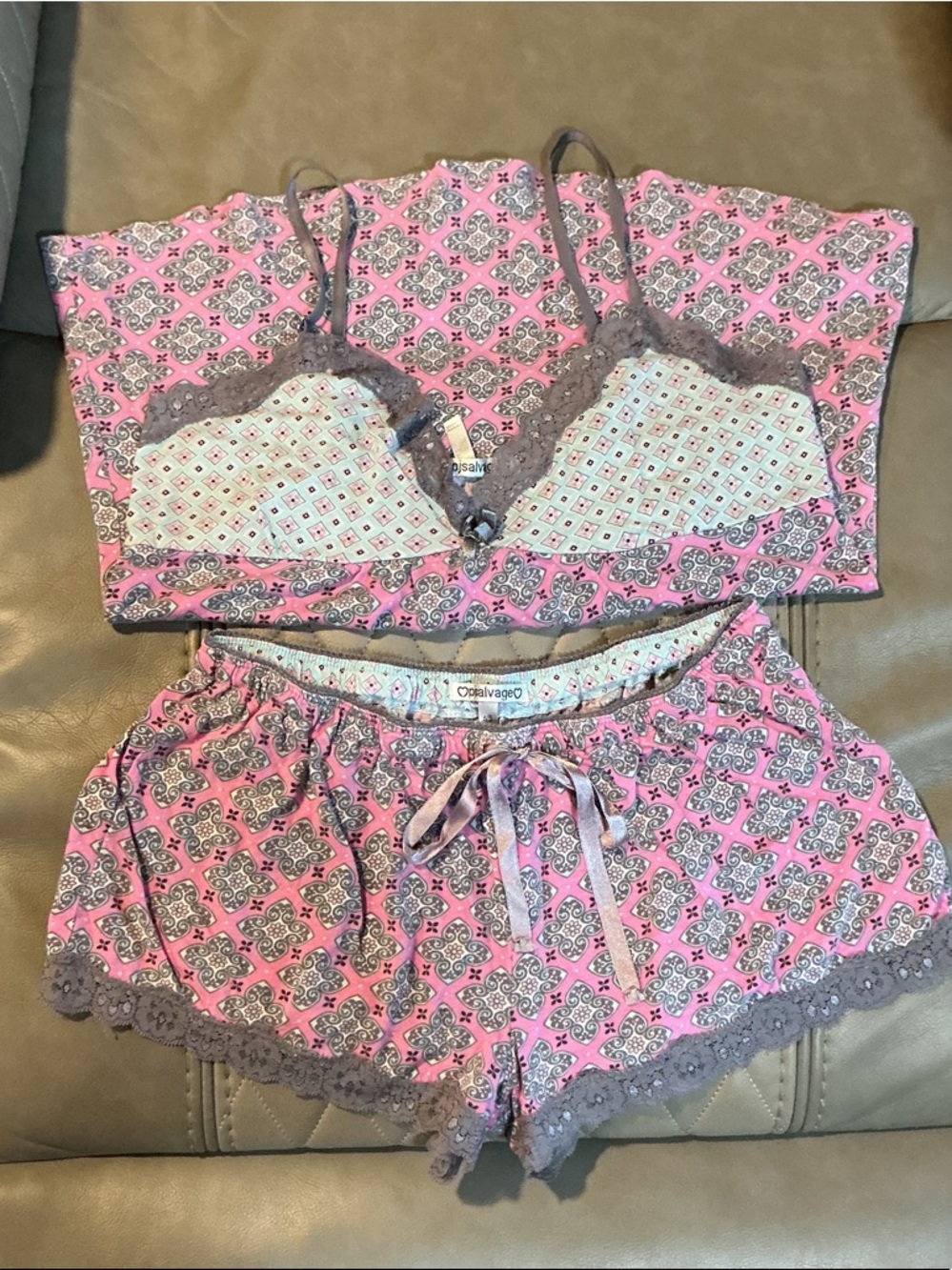 PJ Salvage Pink & Gray Lace-Trim Bralette + Short Sleep Set